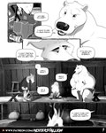 4:5 anthro bear bonfire bottomwear canid canine canis clothed clothing comic dialogue duo electricity electricity_manipulation elemental_manipulation english_text greyscale hammer hi_res holding_object holding_weapon inside loincloth loincloth_only male male/male mammal misterstallion monochrome muscular nipples onomatopoeia page_number polar_bear rune_(misterstallion) shirt shirtless sound_effects text tools topless topwear tunic url ursine vowelless vowelless_sound_effect weapon wolf