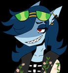 2_frame_animation animated anthro blue_body breasts clothing female fish hi_res marine piercing red_eyes shark short_playtime smug smug_face solo spoopy's_art_slave valerie_(capsaicinmellow) yapping