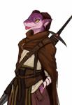 clothing dragon female guoh hi_res horn karchan melee_weapon mythological_creature mythological_scalie mythology orange_eyes purple_body purple_scales scales scalie simple_background solo sword tongue weapon