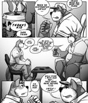 2021 absurd_res age_difference anthro base_three_layout belly big_belly blockage_(layout) boss boss_and_employee bossman_(kamudragon) canid canine canis chair clothed clothing comic dialogue domestic_dog duo employee_(kamudragon) english_text eye_contact facial_hair five_frame_image fully_clothed furniture hi_res horizontal_blockage inside kamudragon larger_male looking_at_another male mammal mature_anthro mature_male monochrome multiple_scenes older_male on_chair overweight overweight_anthro overweight_male side_view sitting sitting_on_chair size_difference smaller_male speech_bubble table text three_row_layout wolf