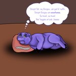 1:1 baby_talk balls bodily_fluids crying cuddlybloodily drop_shadow english_text feral fluffy_pony fluffy_pony_(species) fur genitals hi_res male mammal penis pillow purple_body purple_fur sid_(cuddlybloodily) simple_background solo suina tears text thought_bubble