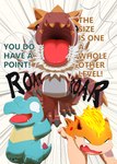 comic darrow0 dialogue english_text fire fossil_pokemon generation_2_pokemon generation_6_pokemon hi_res male nintendo pokemon pokemon_(species) pol_(darrow) quilava speech_bubble text totodile translated tyrantrum yuel