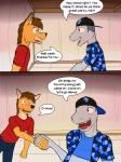 3:4 anthro backwards_baseball_cap backwards_hat baseball_cap blue_eyes bottomwear brown_body brown_eyes brown_fur brown_hair canid canine canis clothed clothing comic coyote detailed_background dialogue english_text fish fur fuze grey_body grey_skin hair hand_holding hat headgear headwear hi_res ian_dela_cruz inside jacket male mammal marine midriff mond_reyes open_mouth pants party shark shirt teeth texnatsu text tongue topwear