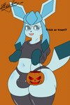 2:3 absurd_res blackyumbreon bulge clothed clothing crossdressing eeveelution eyewear femboy feral generation_4_pokemon glaceon glasses halloween hi_res holidays leather male nintendo pokemon pokemon_(species) solo wide_hips