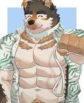 abs absurd_res aloha_shirt anthro ateeesta_92 brown_body brown_fur canid canine canis clothing collar domestic_dog eyebrows fur hi_res leash lifewonders live_a_hero male mammal multicolored_body multicolored_fur muscular muscular_anthro muscular_male nipple_bandage pattern_clothing pattern_shirt pattern_topwear pecs shirt solo sterio thick_eyebrows topwear