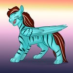 1:1 azure_ace_(goldfur) brown_hair chakona_space equid equine eyes_closed feathered_wings feathers felid female feral foxenawolf fur goldfur's_cogsverse gradient_background green_body green_fur hair horse hybrid mammal open_mouth pony simple_background solo striped_body striped_fur stripes wings