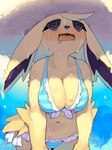 anthro big_breasts blush bodily_fluids breasts clothing drooling eeveelution eyelashes female female_anthro fur generation_1_pokemon hair hat headgear headwear hi_res jolteon kame_3 navel nintendo open_mouth pokemon pokemon_(species) saliva solo spiral_eyes sweat swimwear tuft