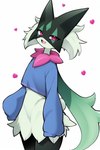 anthro felid feline female fur generation_9_pokemon green_body green_fur looking_at_viewer mammal mask meowscarada nintendo pokemon pokemon_(species) red_eyes short_tail smile solo tail thick_thighs wide_hips