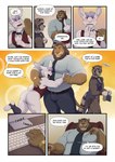 aldrich_haynes_(thepurp) anthro bottomless bottomless_anthro bottomless_male butt clock clothed clothed_anthro clothed_male clothing comic dialogue english_text felid finn_(thepurp) genitals hi_res hudson_(thepurp) hug lagomorph leporid lion male mammal necktie pantherine procyonid rabbit raccoon smile text thepurp typing watch wristwatch