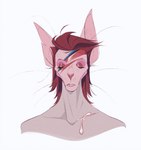 2022 aladdin_sane album_cover ambiguous_fluids anthro bust_portrait cover david_bowie david_bowie_(artist) domestic_cat eyelashes eyes_closed facial_tattoo felid feline felis hair hairless hairless_cat long_ears male mammal mullet notched_ear okobojee parody pink_body pink_nose pink_skin pointy_ears portrait prick_ears real_world red_hair sharp_teeth simple_background solo sphynx_(cat) tattoo teeth whiskers white_background