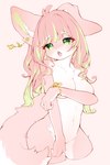 2024 4_fingers anthro bedroom_eyes big_breasts biped blush blush_lines breasts canid canine canis chest_tuft collarbone convenient_censorship covering covering_breasts covering_self curvy_figure cute_fangs domestic_dog ear_piercing eyebrow_through_hair eyebrows eyelashes female fingers fluffy fluffy_tail fur green_eyes green_hair hair heart_eyes heart_symbol hi_res hourglass_figure kemono mammal multicolored_body multicolored_fur myuruu narrowed_eyes navel open_mouth pawpads paws piercing pink_background pink_body pink_fur pink_hair portrait seductive shiimiken_(shiimiwan) simple_background small_nose solo standing striped_hair tail thick_thighs three-quarter_portrait three-quarter_view tongue tongue_out translucent translucent_hair tuft two_tone_body two_tone_fur white_body white_fur