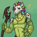 1:1 anthro athletic athletic_anthro athletic_male black_sclera feathers green_body hi_res humanoid_hands jewelry lizard looking_at_viewer male mask misckass question_mark reptile scalie shirtless shirtless_anthro shirtless_male skull_mask solo terraria witch_doctor_(terraria) yellow_eyes