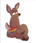 ambiguous_gender anthro brown_body brown_fur brown_nose brown_pupils butt clothing deer fur lgbt_pride lidded_eyes looking_at_viewer looking_back looking_back_at_viewer mammal pawfunk_(artist) pride_color_clothing pride_color_underwear pride_colors pupils rainbow_pride_colors rear_view short_tail simple_background sitting tail underwear white_background