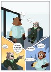 absurd_res anthro border brown_body brown_fur canid canine clothed clothing comic dialogue digital_media_(artwork) duo english_text eyewear facial_hair fur glasses hi_res male mammal mature_male mr._ishizaki necktie office overweight overweight_male procyonid raccoon raccoon_dog siblu sibluself simple_background speech_bubble suit tanuki text white_border