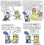 armor barefoot bodily_fluids clothed clothing comic dialogue dress emanata english_text feet female flying_sweatdrops green_body green_skin hair headgear helmet human knight male mammal marko_comics not_furry orc pain_stars red_hair speech_bubble sweat sweatdrop text thought_bubble warrior yellow_eyes zira_(marko)