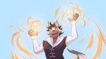 16:9 anthro calder_(temptations_ballad) clothed clothing digital_media_(artwork) elemental_manipulation fire fire_manipulation fireball flaming_orb fur hair hi_res hyena magic magic_user male mammal shirokoi simple_background smile solo striped_hyena tail temptations_ballad_(visual_novel) widescreen