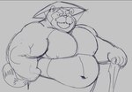 2024 anthro belly canid canine clothing facial_hair hat headgear headwear male mammal mature_male megawaffle_(artist) musclegut muscular mustache navel nipples overweight overweight_male raccoon_dog simple_background solo tanuki