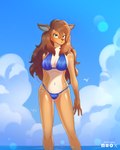 4:5 absurd_res anthro beach bikini breasts brown_body brown_hair clothed clothing day deer detailed_background digital_media_(artwork) duderedblue female hair hi_res long_hair looking_at_viewer mammal outside sea sky solo summer swimwear two-piece_swimsuit water