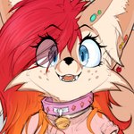 anthro big_collar blue_eyes blush canid canine clothed clothing collar digital_media_(artwork) eyelashes female fennec_fox fox fur hair headshot_portrait long_ears looking_at_viewer low_res mammal oversized_collar pawoo portrait reaction_image red_hair smile solo teeth true_fox valerie_(pawoo)