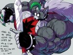 4:3 anthro big_muscles big_pecs bodily_fluids breasts canid canine canis claws clothing collar ear_piercing ear_ring english_text female fingerless_gloves five_nights_at_freddy's five_nights_at_freddy's:_security_breach fur gloves green_hair grey_body grey_fur growth hair handwear huge_muscles huge_pecs hyper hyper_muscles mama_mj_(artist) mammal melee_weapon multicolored_body multicolored_fur muscle_growth muscular muscular_anthro muscular_arms muscular_female pecs piercing purple_eyes red_clothing ring_piercing roxanne_wolf scottgames solo spiked_collar spikes steel_wool_studios sweat sword text tight_clothing vein veiny_muscles weapon white_body white_fur wolf yellow_eyes