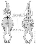 anna_(dogwash) anthro anus bent_over butt claws digitigrade dogwash english_text female genitals greyscale horn inviting kobold monochrome nude presenting presenting_hindquarters profanity pussy raised_tail rear_view scalie sign solo tail text