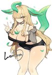 animal_humanoid big_breasts breasts eeveelution eyelashes female generation_4_pokemon hair hair_over_eye hi_res humanoid leafeon midriff nintendo pokemon pokemon_(species) simple_background solo thick_thighs togetoge white_background wide_hips yellow_body