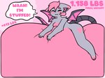 4:3 anthro bat belly big_belly blush blush_lines breasts dialogue eyes_closed featureless_breasts female food fur grey_body grey_fur growth_drive hair hand_on_belly hi_res huge_belly hyper hyper_belly immobile lying mammal nude on_front overweight pink_hair pom_(pompuffy) pompuffy_(artist) smile solo speech_bubble stuffing tail text thick_thighs wings