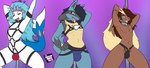 absurd_res anthro blue_body blue_fur blue_hair brown_body brown_fur brown_hair chris_(rhode_arts) clothing collar dancing fan_character femboy fur generation_4_pokemon generation_7_pokemon grin group hair harness hi_res jockstrap looking_at_viewer looking_pleasured lopunny lucario male male/male neptune_(rhode_arts) nintendo pokemon pokemon_(species) pole pole_dancing pose primarina rhode_(rhode_arts) rhode_arts simple_background smile smiling_at_viewer tongue tongue_out trio underwear