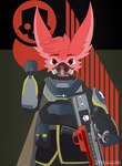 anthro armor atomicbonker chat cookout cthuwulhu democracy eclipse emblem fluffy fur gas gesture gun helldiver hi_res hobkin male managed mask medium pointy_ears prick_ears purifying ranged_weapon red_body red_eyes red_fur red_nose salute sg-451 solo weapon