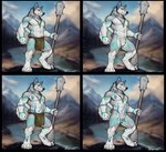 anthro biped bodypaint bottomwear canid canine canis claws clothing digitigrade featureless_crotch hi_res hindpaw landscape_background loincloth mace male male_anthro mammal melee_weapon multiple_versions nature nature_background nude outside paws solo standing sunitai toe_claws tribal weapon wolf