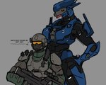 5:4 alien anthro armor balaclava black_sclera blue_clothing blue_headwear blue_legwear blue_topwear clothing curvy_figure dialogue duo english_text faceless_character faceless_human faceless_male female genericmerc28 grey_background grey_body grey_skin gun halo_(series) hand_on_hip headgear headwear helmet hi_res human larger_anthro larger_female legwear male mammal mask microsoft orange_eyes ranged_weapon sangheili science_fiction simple_background size_difference smaller_human smaller_male text topwear visor voluptuous weapon wide_hips xbox_game_studios