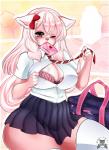 alternative_fashion anthro bag biped blush bottomwear bow_(feature) bow_accessory bra breasts canid canine canis cleavage clothed clothing digital_media_(artwork) duffel_bag ear_bow female fox gyaru hoshicchi hybrid j-fashion kogal legwear letter love_letter mammal mitsuki_(hoshicchi) necktie one_eye_closed red_eyes school_uniform shirt simple_background skirt solo standing stockings topwear unbuttoned_shirt underwear uniform wolf y2k_(fashion)