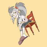 1:1 2019 chair clothing dana_terrace disney eda_clawthorne female footwear furniture grey_hair hair humanoid lipstick makeup mature_female not_furry official_art ponytail red_lipstick shoes sitting slippers socks solo the_owl_house tied_hair witch_(the_owl_house) yellow_eyes