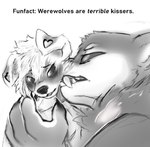 2024 anthro big_fangs biped black_eyes canid canine canis countershade_fur countershading domestic_dog duo fangs floppy_ears fur grey_body grey_fur heart_hole kissing kissing_cheek male mammal mythological_canine mythological_creature mythology simple_nicks size_difference teeth were werecanid werecanine werewolf white_body white_countershading white_fur