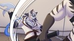 action_pose action_scene anthro badger eyewear fight fighting_pose glasses halberd hi_res hyena male mammal marrow_(temptations_ballad) melee_weapon motion_lines mustelid musteline polearm pose shirokoi sidd_(temptations_ballad) striped_hyena temptations_ballad_(visual_novel) weapon