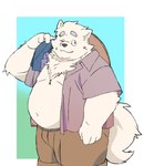 2024 anthro belly big_belly bottomwear canid canine canis clothed clothing domestic_dog hi_res inunoshippo kemono male mammal one_eye_closed open_clothing open_shirt open_topwear overweight overweight_male shirt shorts simple_background solo topwear