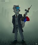 absurd_res anthro canid canine canis clothing gun hi_res katxfish london looking_at_viewer mafia male mammal ranged_weapon ryazon_black smile smiling_at_viewer solo suit weapon wolf