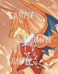 anthro blue_eyes clothing fangs generation_6_pokemon hi_res laiweitui male mega_charizard mega_charizard_y mega_evolution muscular muscular_male nintendo pokemon pokemon_(species) red_body serious_face solo teeth topwear vest wind wings