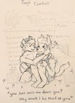 7_days anthro beanie bottomwear canid canine clothing danniemang duo english_text felid feline hair hat headgear headwear male male/male mammal mei_(danniemang) shape text tied_hair traditional_media_(artwork) yul_(danniemang)