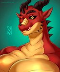 5:6 absurd_res anthro breasts dragon fangs female hi_res horn lavochnica mythological_creature mythological_scalie mythology non-mammal_breasts one_eye_closed portrait scalie solo spikes teasing teeth wink