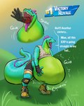 absurd_res after_vore almost_fully_inside ambiguous_gender ambiguous_prey anthro big_tail blue_body blue_scales bodily_fluids bottomwear clothing crop_top dialogue digestion digital_media_(artwork) duo epic_games fingerless_gloves footwear fortnite gloves grass green_body green_scales growth handwear hi_res hill huge_tail light lizard lizzik_(fortnite) looking_pleasured male male/ambiguous male_pred masterokami neck_bulge onomatopoeia oral_vore outside pink_tongue plant pupils reptile rumbling_stomach saliva same_size_vore scales scalie shirt shoes shorts slit_pupils soft_vore solo solo_focus sound_effects sunlight swallowing swallowing_sound_effect tail tail_growth text thick_tail tongue topwear victory_royale vore weight_gain