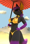 3d_(artwork) ankh_necklace ankh_piercing anthro anubian_jackal big_ears black_body black_fur breasts canid canine canis collar digital_media_(artwork) ear_piercing ear_ring female fur hi_res jackal mammal piercing purple_body purple_eyes purple_fur ring_piercing small_waist solo tail tiye_(userpass) umbrella username-password yellow_inner_ear yellow_nose