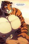 2022 abs ambiguous_species anthro barazoku beard big_muscles big_nipples big_pecs countershading cuddling date dialogue dream_and_nightmare duo english_text eyebrows facial_hair felid first_person_view fur hair hand_on_chest hand_on_pecs hi_res huge_muscles male male/male mammal morning muscular muscular_anthro muscular_male navel night_(dream_and_nightmare) nipples notched_ear nude outside pantherine pecs scar smile speech_bubble talking_to_viewer text tiger tuft waking_up