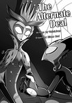 absurd_res avian_demon blitzo_(helluva_boss) cover cover_art dark_lighting dark_room determined elcee_rod english_text gesture handshake helluva_boss hi_res imp looking_at_another monochrome stolas_(helluva_boss) suspense text window