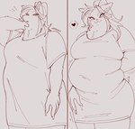 2024 anthro belly blush canid canine clothing curvy_figure dress eyelashes female fox hair hand_behind_head heart_symbol hi_res kemono line_art looking_at_viewer mammal multiple_images overweight overweight_female ponytail smile solo suda