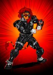 2019 anthro armor black_body black_fur boots clothing digital_media_(artwork) felid footwear fur gradient_background hi_res hybrid inferno_sabercat john_fell liger lion looking_at_viewer looking_forward male mammal mane markings orange_body orange_eyes orange_fur pantherine red_body red_fur red_mane shoes simple_background solo standing striped_markings striped_tail stripes super_sentai tail tail_markings tail_tuft tuft uchu_sentai_kyuranger yellow_eyes