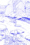 2011 anthro blue_and_white canid canine canis clothing hair hoodie male mammal monochrome morenatsu on_ground outside pebble plant river riverbank rock rtlstien shun_(morenatsu) sitting solo tail topwear tree wolf