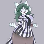 1:1 2024 anthro beetlejuice big_breasts black_necktie breasts clothed clothed_anthro clothed_female clothing cosplay crossover crossover_cosplay digital_drawing_(artwork) digital_media_(artwork) eye_through_hair female female_anthro fingers front_view fur green_eyes green_hair grey_background hair halloween holidays looking_aside necktie open_mouth pattern_clothing pattern_shirt pattern_topwear portrait scentedpocky shirt simple_background solo striped_clothing striped_shirt striped_topwear stripes teeth tem temmie_(undertale) thick_thighs three-quarter_portrait topwear translucent translucent_hair undertale undertale_(series) white_body white_face white_fur wide_hipped_anthro wide_hipped_female wide_hips