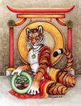 2008 amber_eyes anthro asian_clothing black_body black_fur bonsai buddhism chinese_clothing chinese_text chinese_zodiac clothing east_asian_clothing felid fur gong jewelry male mammal monk musical_instrument necklace orange_body orange_fur pantherine percussion_instrument plant solo text tiger tree white_body white_fur wood xianjaguar year_of_the_tiger