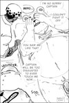 2024 anthro balls bear belly bepo_(one_piece) black_border blush border clothing comic dialogue duo english_text genitals hat headgear headwear hi_res human male male/male mammal minkmen_(one_piece) monochrome navel nekokat42 one_piece overweight overweight_male penis polar_bear tattoo text trafalgar_law ursine